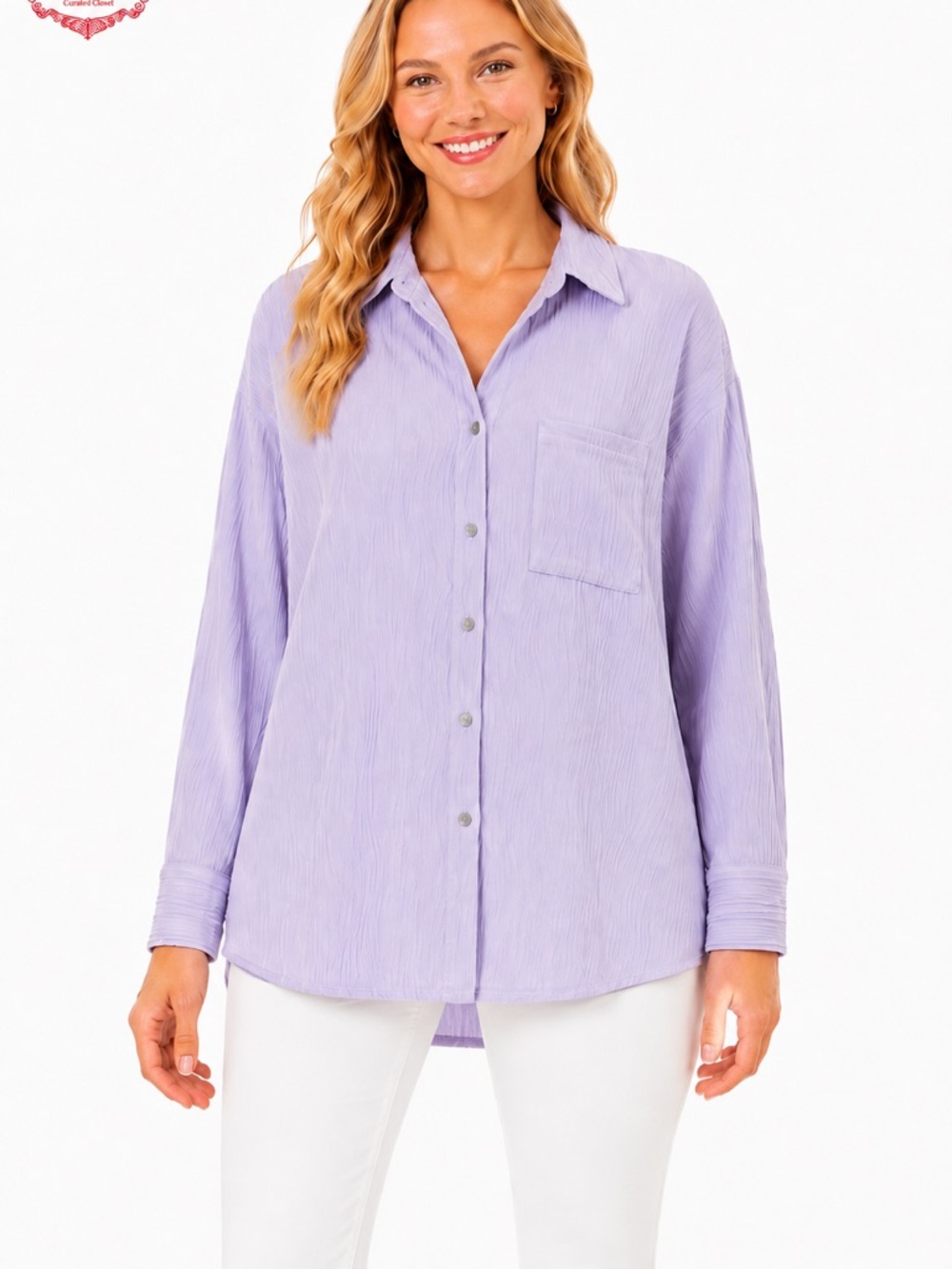 T88 ENTRO Oversized Textured Button-Down Blouse Medium Lavender NWT Cozy Soft